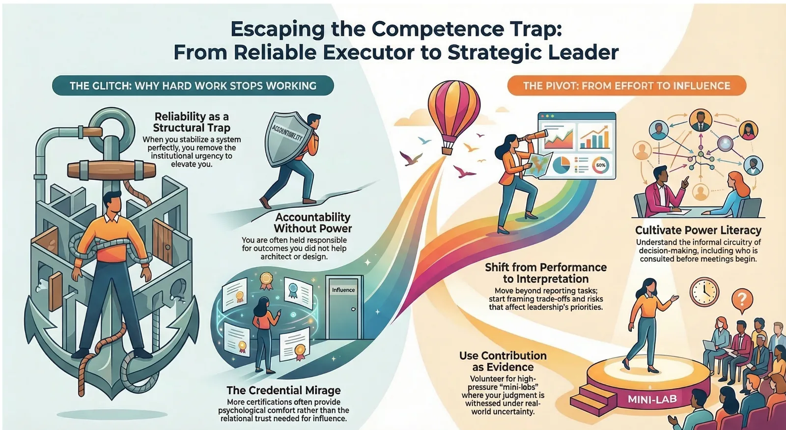 Escaping the Competence Trap: from reliable executor to strategic leader: the glitch of reliability without power, accountability without authority, and the credential mirage; the pivot toward power literacy, interpretation over performance, and contribution as evidence.